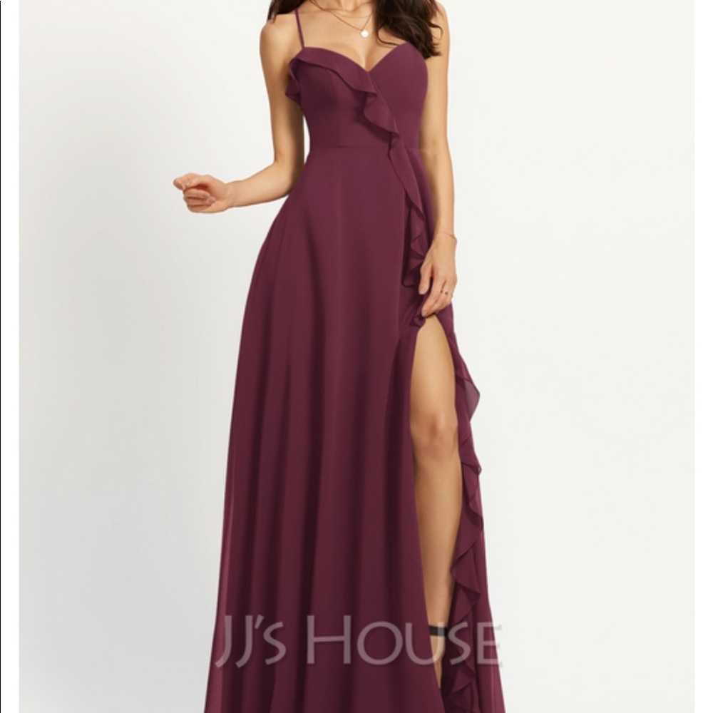 JJ’s House A-Line Floor Length Bridesmaid Dress With Split Front in Cabernet